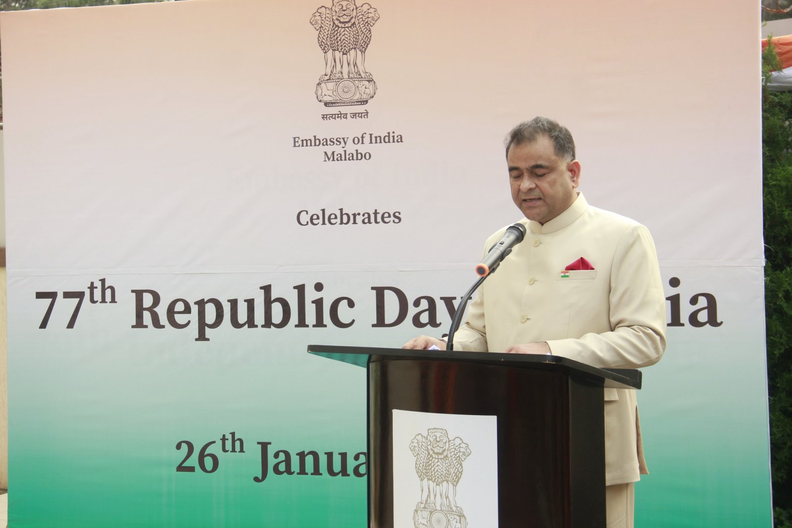 Embassy of India in Malabo celebrated the 77th Republic Day of India at the Embassy premises with patriotic zeal and fervent enthusiasm. Glimpses of the celebration.