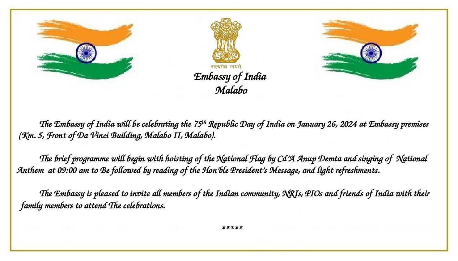 75th Republic Day celebrations in Embassy of India, Malabo.